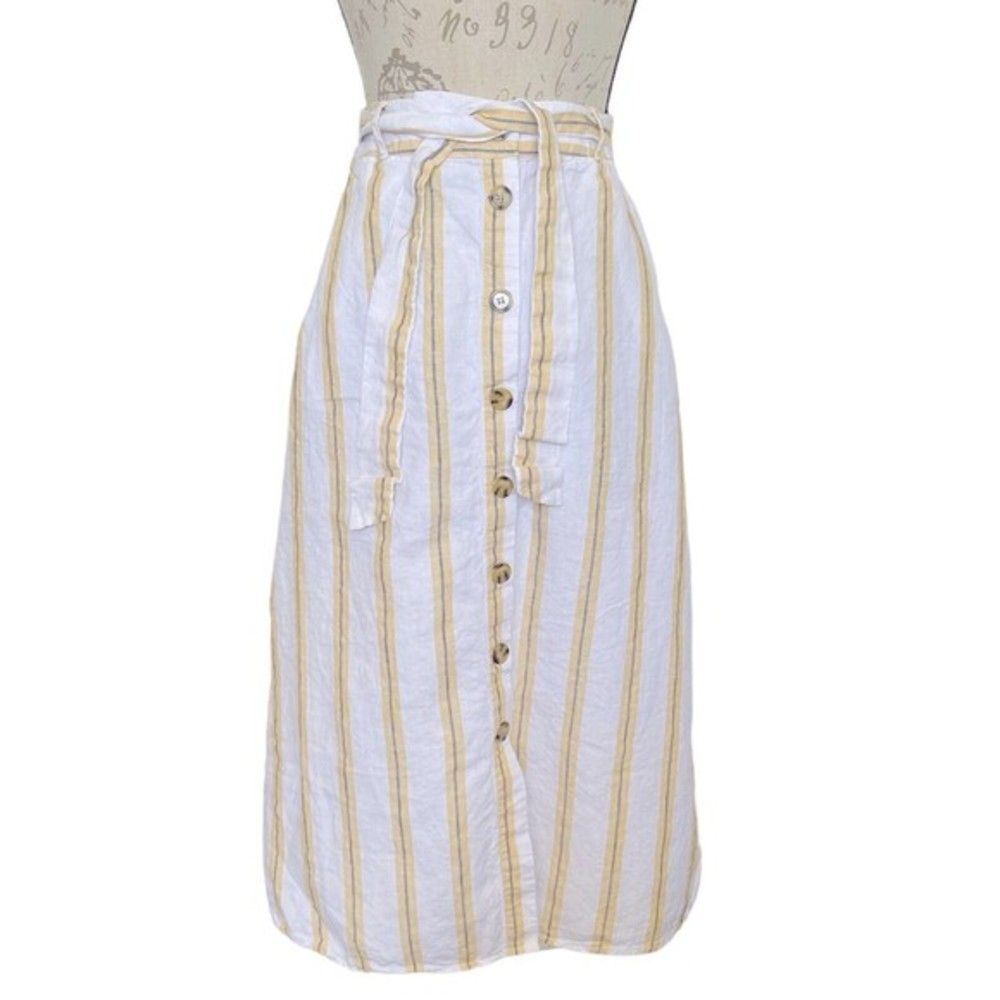 Cynthia Rowley Womens Skirt 100% Linen Striped Yellow Pockets Tied Midi Medium - Picture 8 of 12